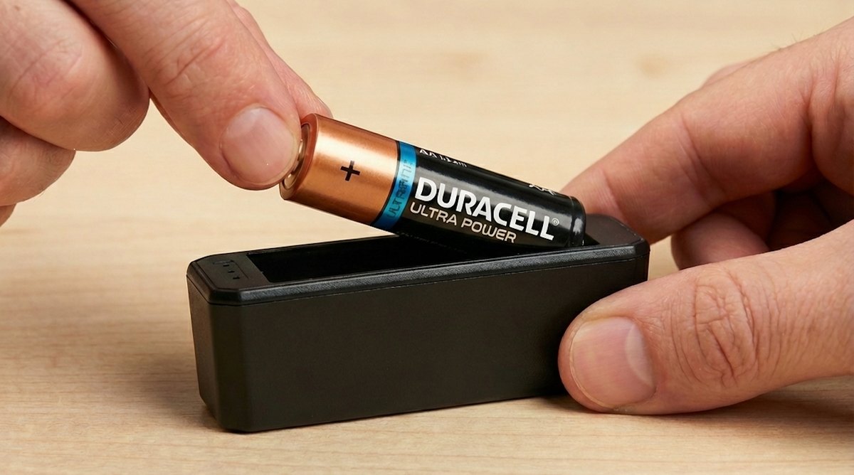 BATBOX batterijtester in gebruik met een AA-batterij